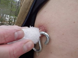 Playing With Snow On Pierced Nipples: 6 mm Hook