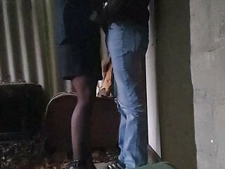 Milf in stockings and high heels gives great head at cabin in woods