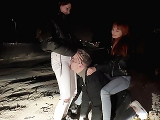 Bratty Girls Publicly Dominate An Enslaved Guy Outdoors at Night