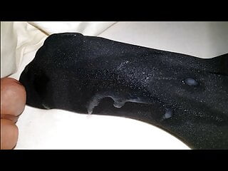 Cum on GF&#039;s Black Opaque nylon feet 3
