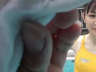 .Japanese girl swim in pool with yellow swimsuit SOFT.