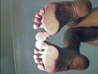 Sissy hot naked feet on glas tabel POV on big soles