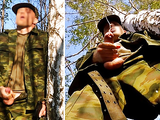 Russian SOLDIER in the forest JERKING off a military dick