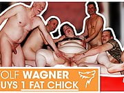 Swinger orgy! Fat slut enjoys 3 hard cocks! WolfWagner.com