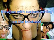 Blowjob with custom writing on forehead