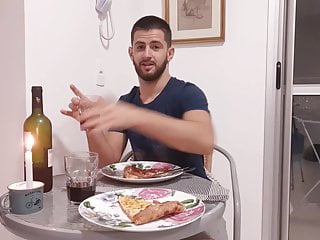 romantic dinner - handsome husband cums on pizza -