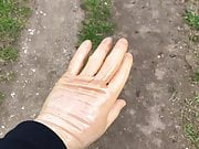 Wearing transparent latex gloves outdoor