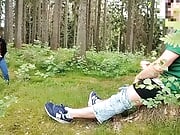 Dickflash in the forest, a stranger sucks a cock and has sperm on her tits