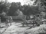 Group of Girls with Great Tits Playing Outdoors (Vintage)
