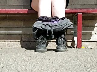 Bbw pissing from a public bench...