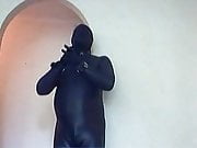 Catsuit, gloves, boots, spandex hood, padlocked cuffs collar