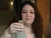 Mature BBW drinks cum from a shot glass