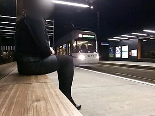 Crossdresser masturbating in public at tram...