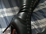  Cumshot over wife's  leather boots