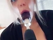 Bimbo blonde abuses her holes with a big power tool dildo