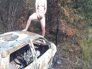 Guy Is Ejaculating On Top Of Burned Car