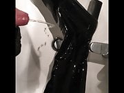 Abusing and pissig on her black patent overknee boots