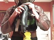 rainsuit,waders and gas mask