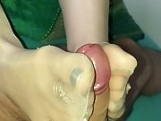 Nylon Footjob with silver polished toenails and toerings