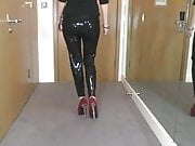 Sexy walk in my brand new latex liquid VINYL legging 