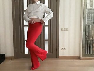 Flared red trousers and white crop blouse on tranny crossdresser femboy sissy ready for secretary job and school party