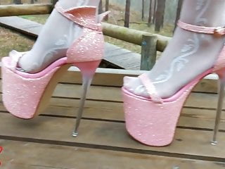 Lady L Walking In Towering Pink Extreme High Heels
