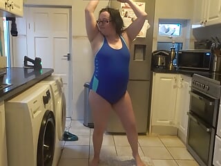 Wife with Big Breasts Dancing in Tight Blue Swimsuit