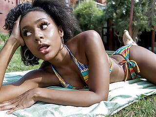 Ebony cutie does not break eye contact during deep throat blowjob outdoors POV