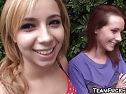 Three cute babes suck and fuck one guys dick and love it