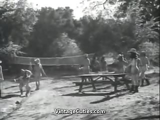 Group Of Girls With Great Tits Playing Outdoors Vintage...