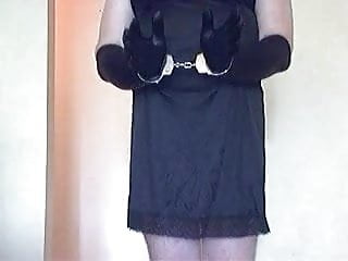Lingerie, gloves, handcuffed, and pleasuring