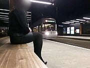 Crossdresser masturbating in public at tram station