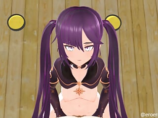 3D Animated Hentai, Nude, Cowgirl Style Sex, Purple Hair