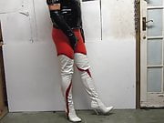 White thigh boots and the tightest red leggings i have 2