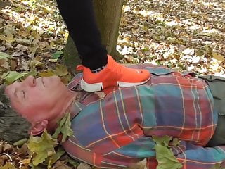  video: two german proll brats trample old slave outdoor no mercy