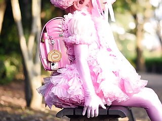 Sissy pink frilled satin dress doll...